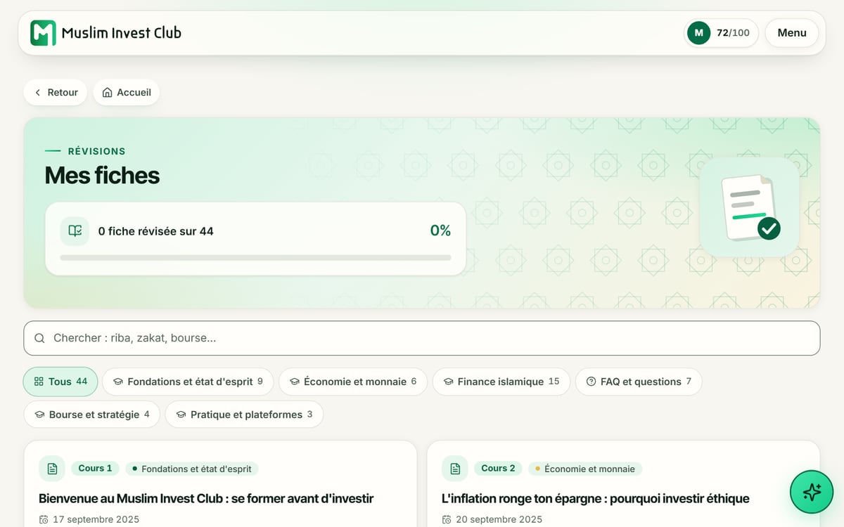 La page des fiches de révision, sur un compte de démonstration : la recherche par mot et les fiches rangées par thème.