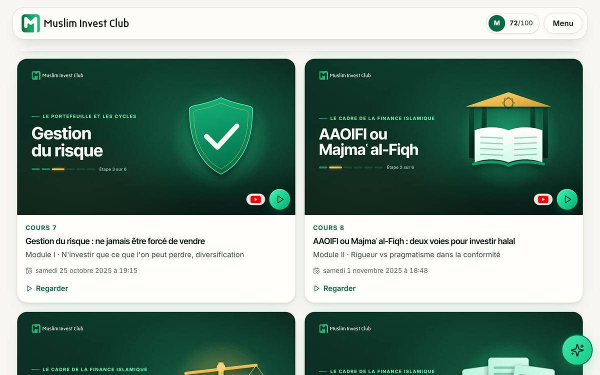La page des replays, sur un compte de démonstration : chaque cours avec sa miniature, son module et sa date, rangé dans l'ordre du parcours.