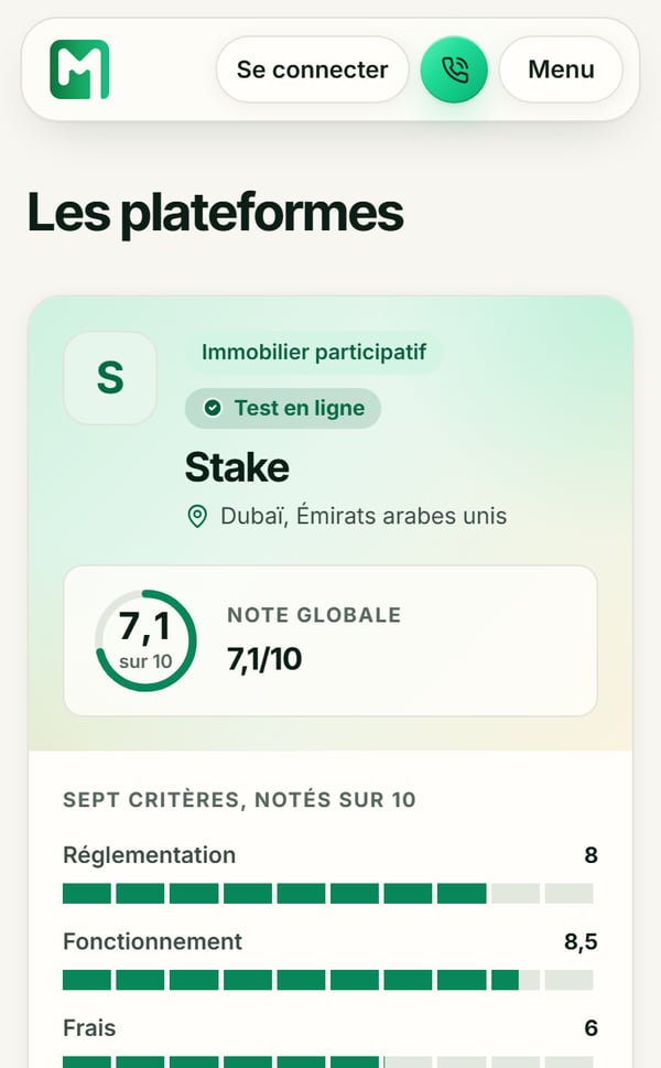 Le même test de plateforme, sur téléphone, dans le navigateur.