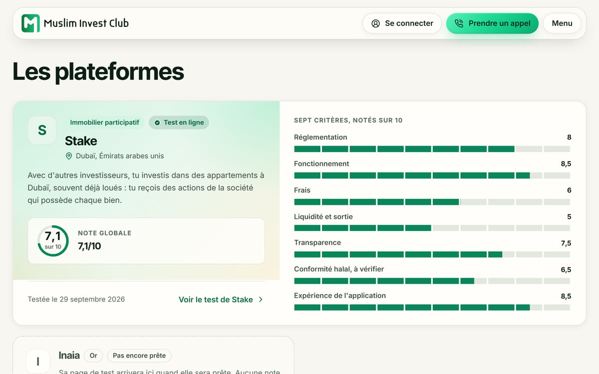 Un test de plateforme publié par le club : la note de chacun des sept critères, sur 10, et la date du test.